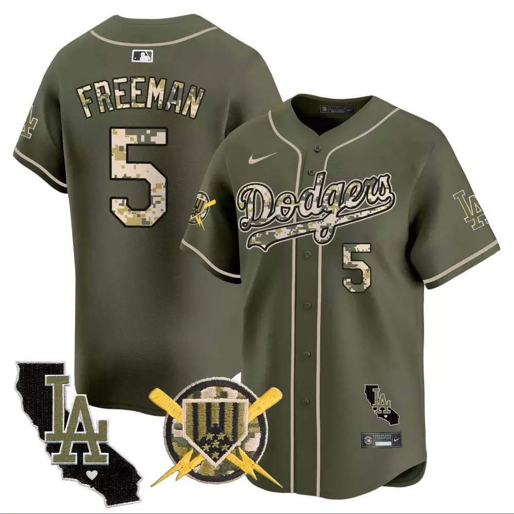 Freddie Freeman 5 Dodgers Jersey Olive Green Military Appreciation California State Outline LA Dodgers-themed Lightning Bolts Stars