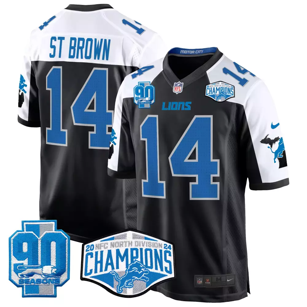 St Division 14 Lions Jersey Black 2024 NFC North Champions 90 Seasons Men Split Design