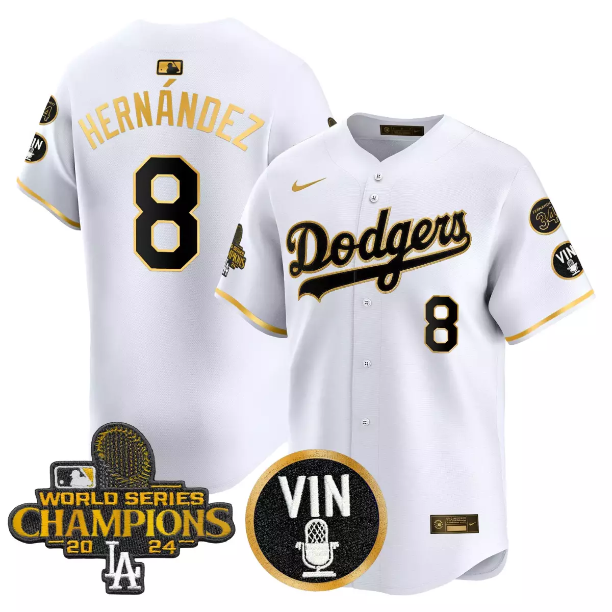 Bryant Vin 8 Dodgers Jersey White World Series Champions 2024 Men Black Gold Vapor