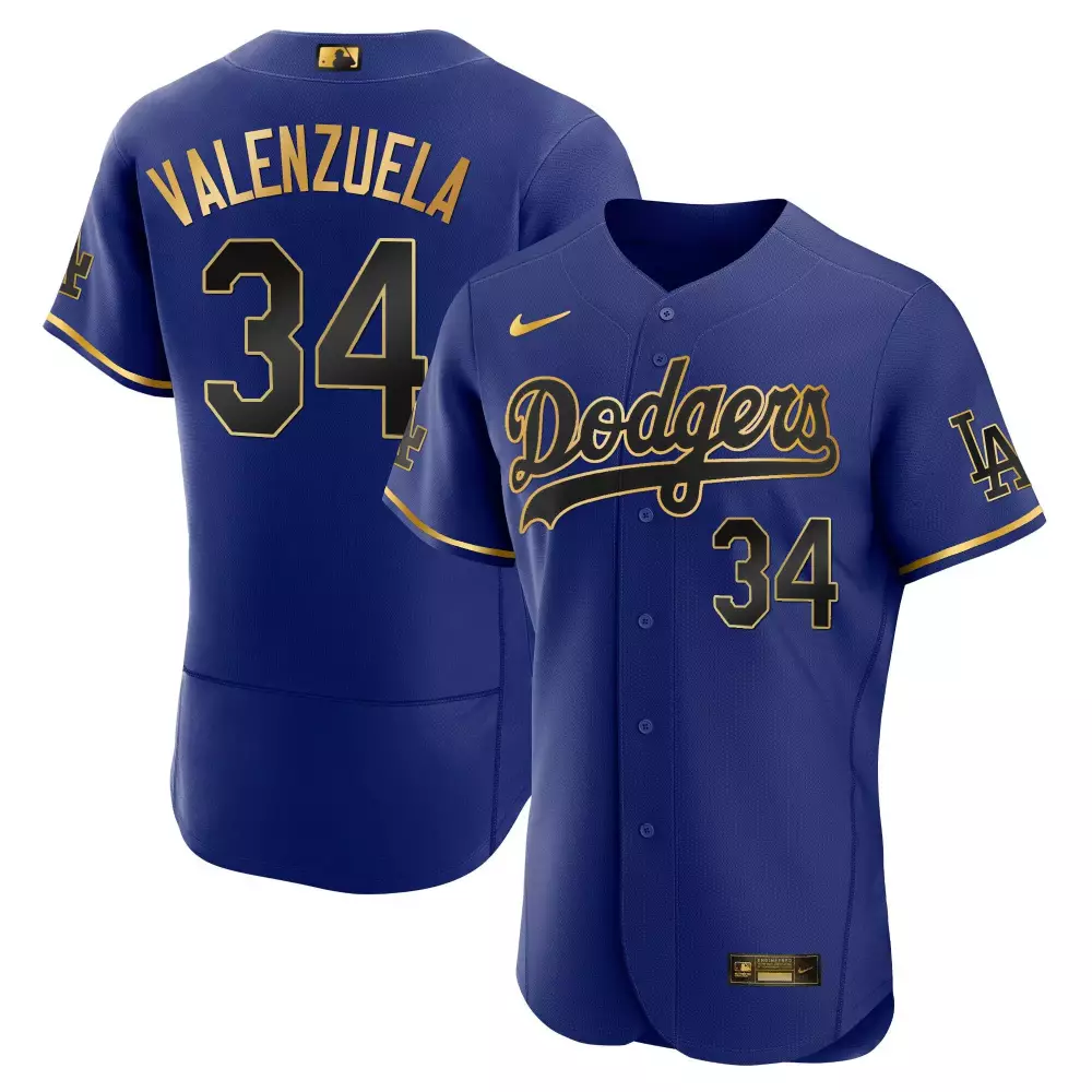 Fernando Valenzuela 34 Dodgers Jersey Royal Blue Men Gold Flex Base All Stitched
