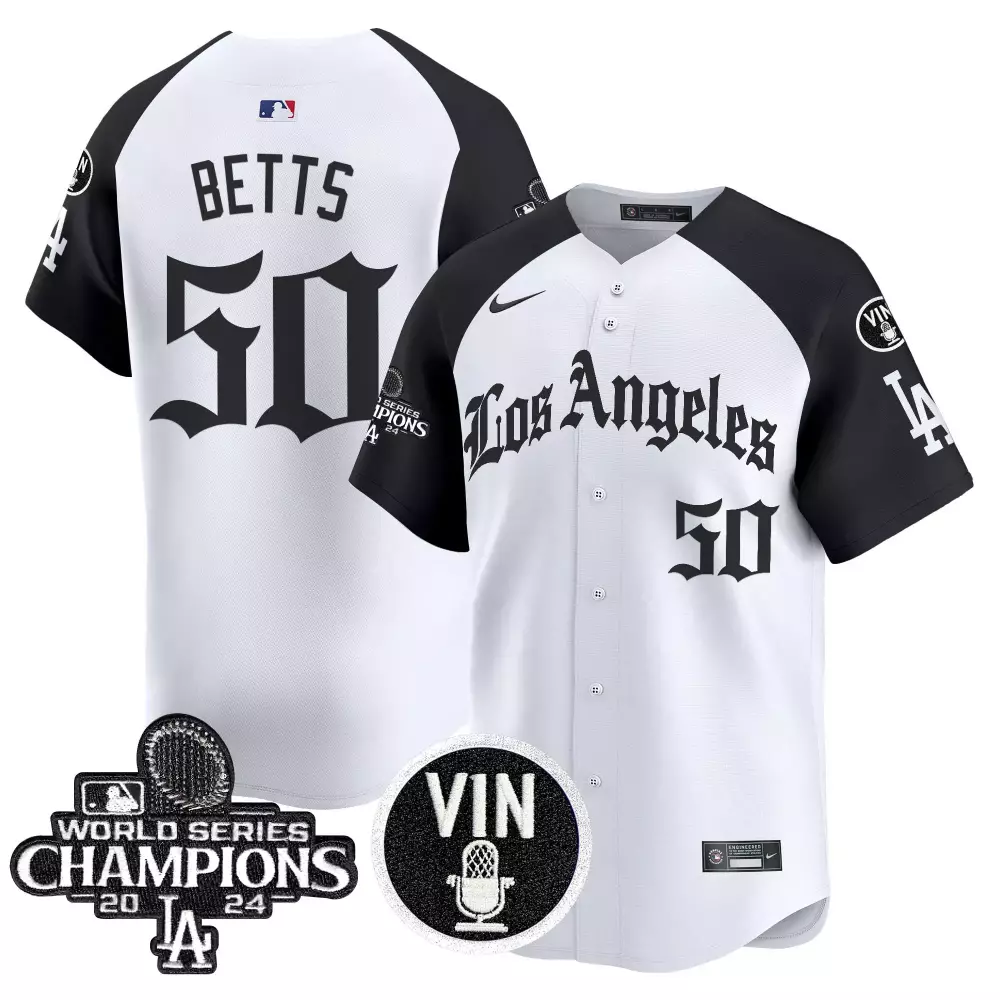 Mookie Betts 50 Jersey White World Series Los Angeles Dodgers Vin Microphone Men