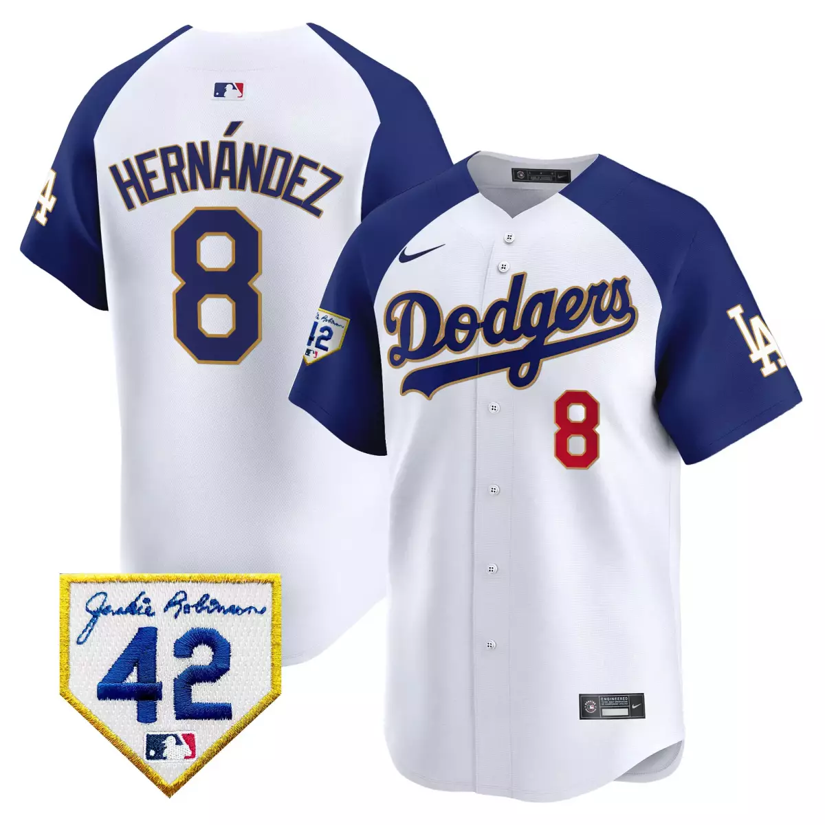 Hernandez 8 Dodgers Jersey White Jackie Robinson Day 42 2022 Men Blue Gold Vapor