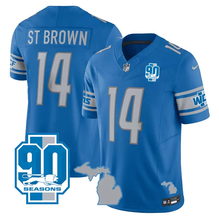 Amonra St 14 Detroit Lions Jersey Blue 90 Seasons Men Silver White Stitched