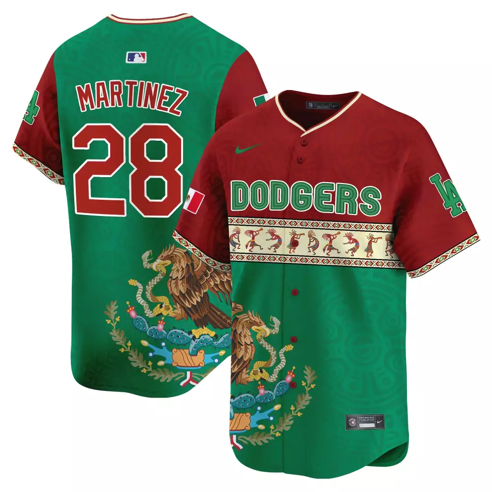 Martinez 28 Dodgers Jersey Green Mexico Day Mexican Flag Men Custom Design Red White