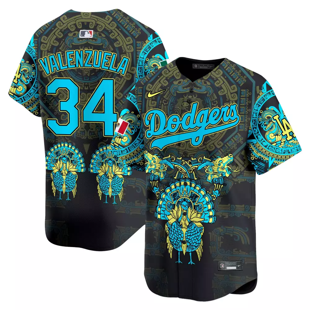 Valenzuela 34 Dodgers Jersey Black Los Angeles City Connect Men Custom Design Teal