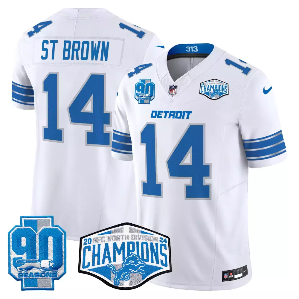 St Division 14 Detroit Lions Jersey White 90th Season 90 Seasons 2024 Men Blue Silver