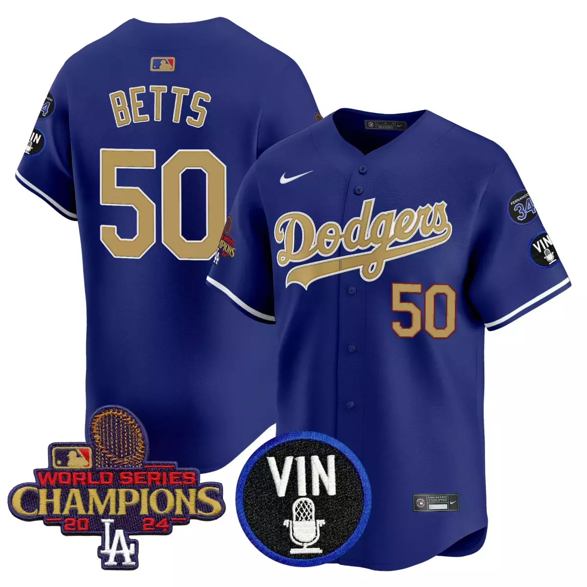 Bryant Vin 50 Dodgers Jersey Blue World Series Champions 2024 Scully Microphone Fernando 34