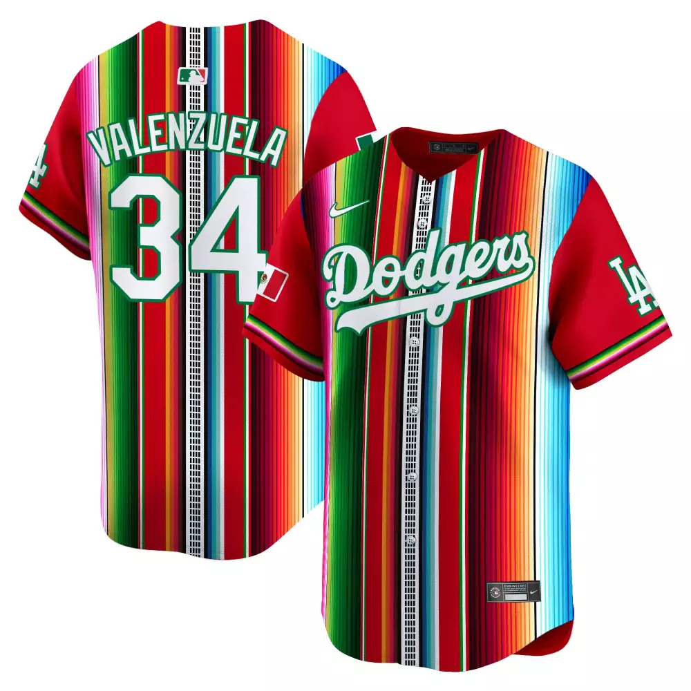 Valenzuela 34 Dodgers Jersey Red Mexico Flag Men Alternate Custom Design Green Yellow