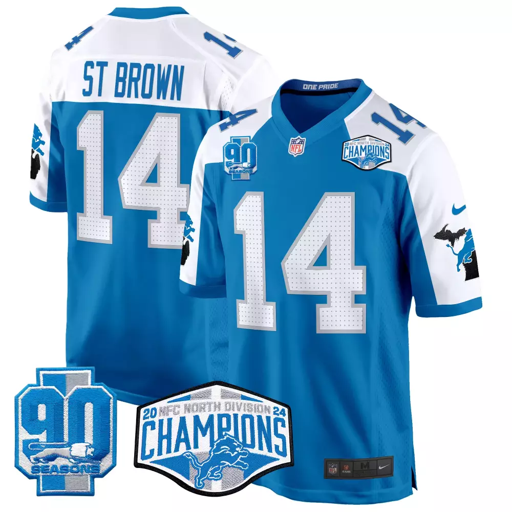 St Division 14 Detroit Lions Jersey Blue 2023 NFC North Champions 90 Seasons Men