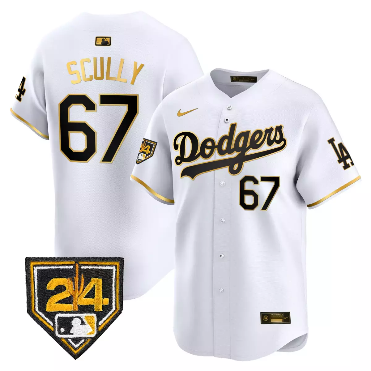 Scully Training 67 Dodgers Jersey White 24 LA Home Plate Men Black Gold Vapor Premier