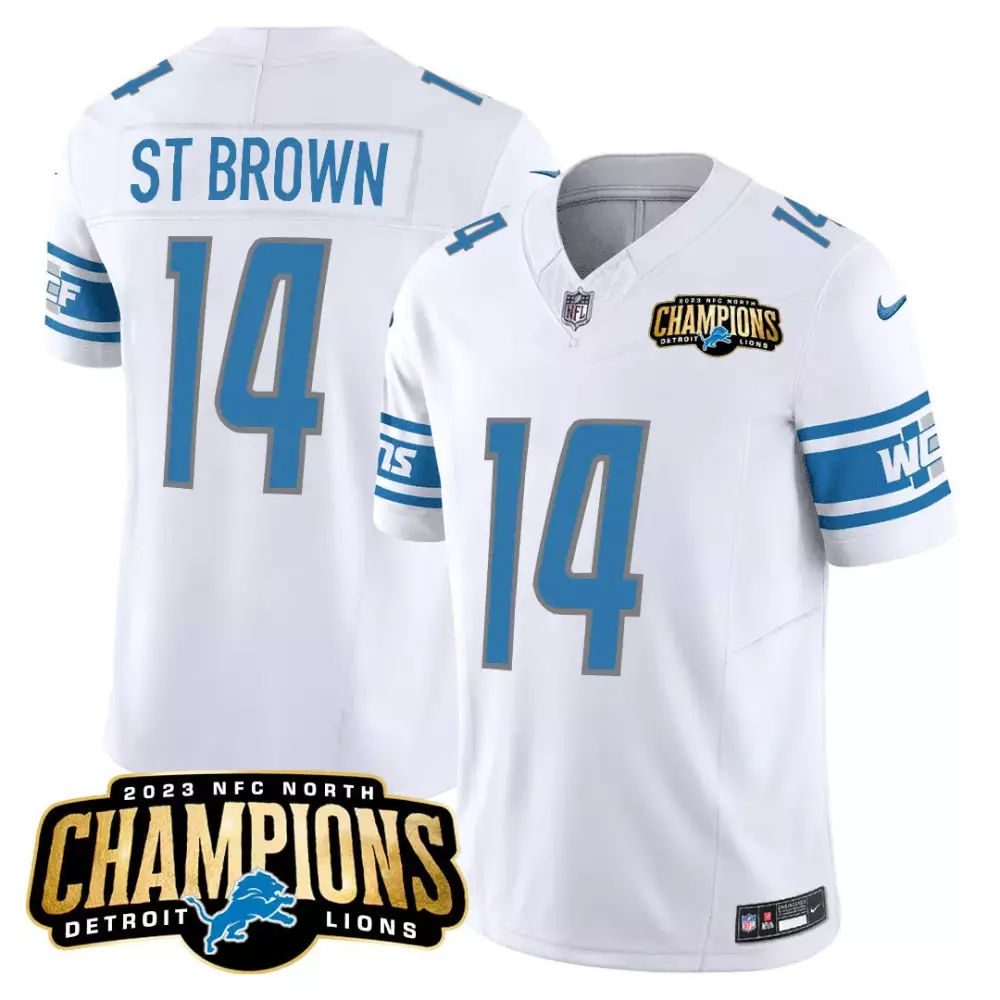 Aamaris Brown 14 Detroit Lions Jersey White 2023 NFC North Champions Men Blue Gray
