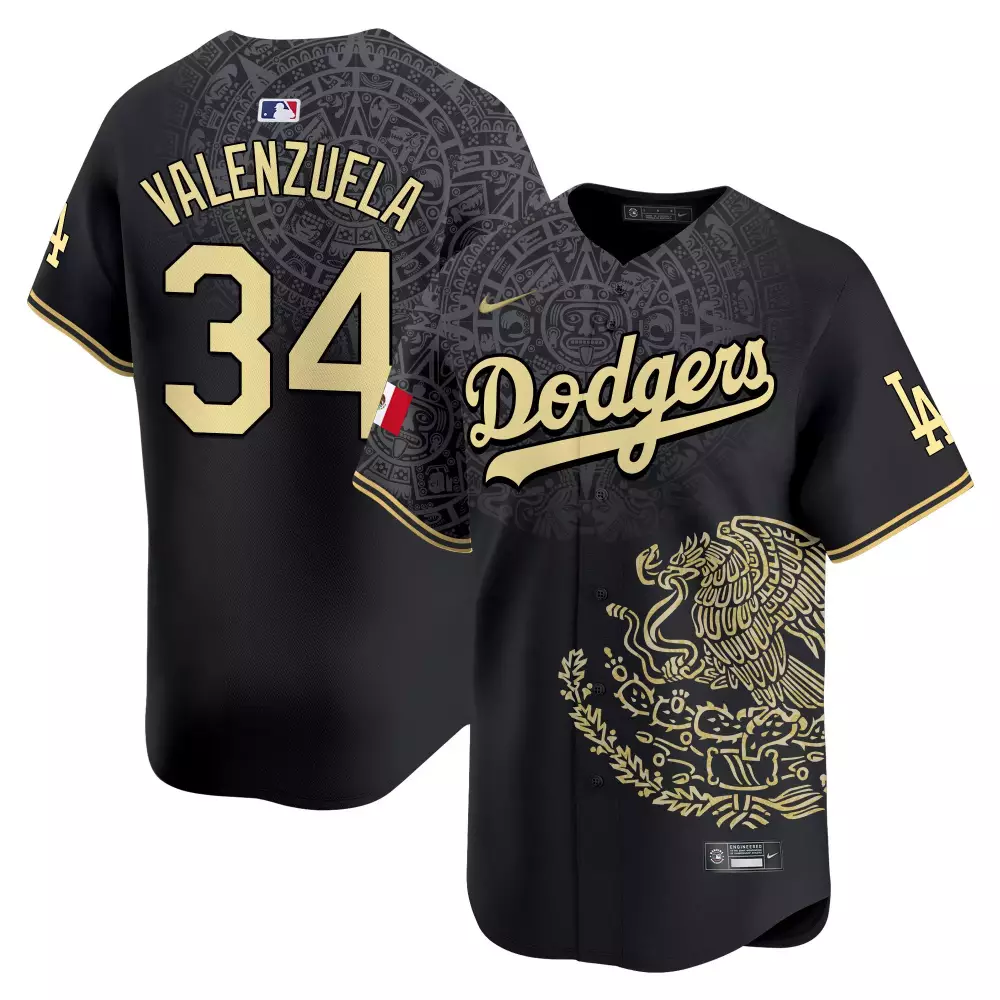 Valenzuela 34 Dodgers Jersey Black Mexico City Series Mexican Flag Men Custom Design