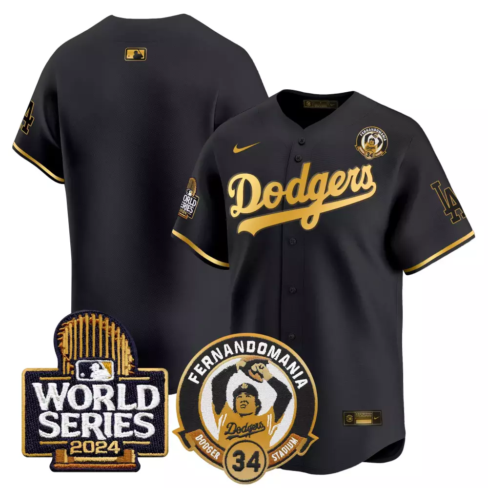 Fernando Valenzuela 34 Dodgers Jersey Black Mania World Series 2024 Men Gold Vapor