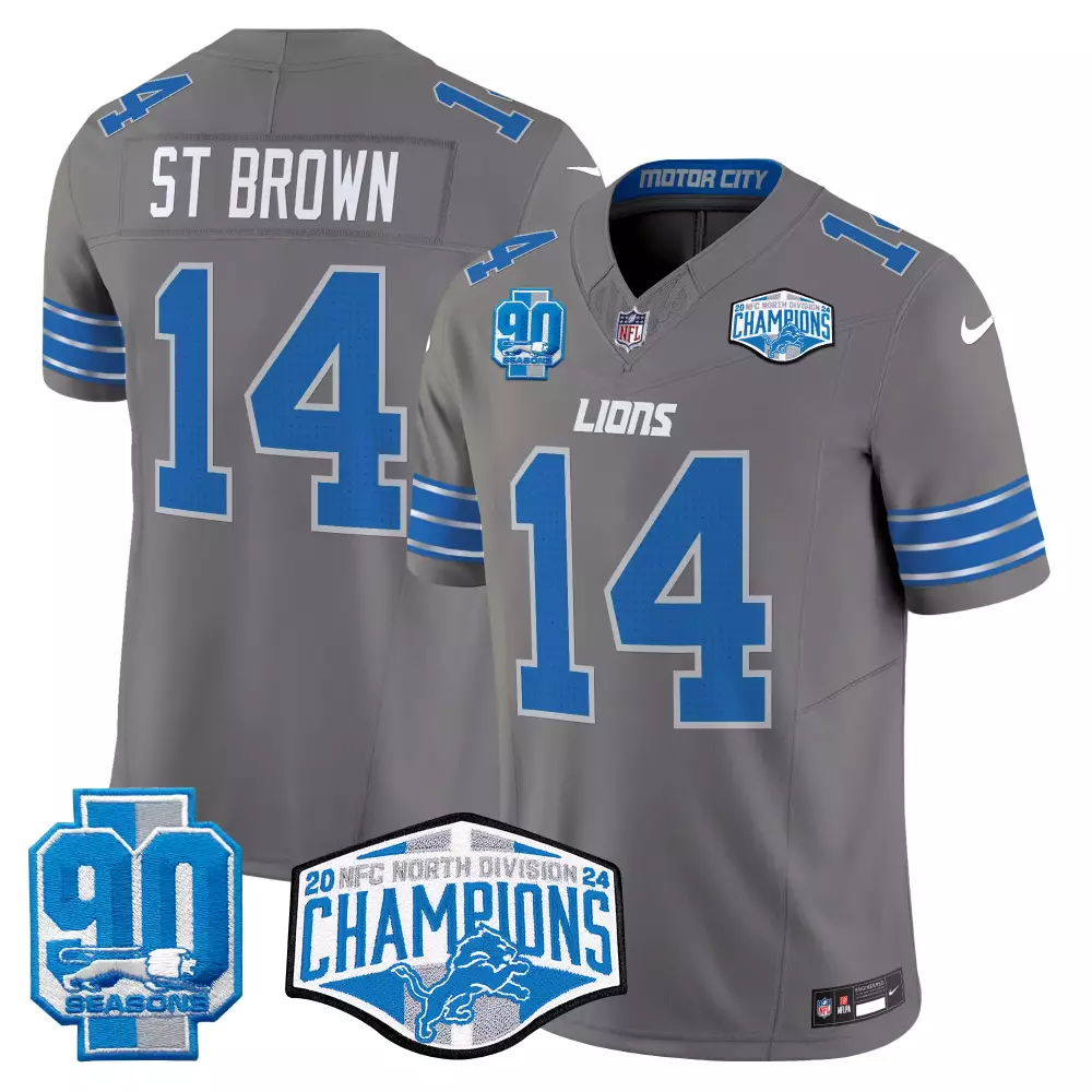 St Division 14 Lions Jersey Gray 2020 NFC North Champions 90 Seasons 2024 Men Blue