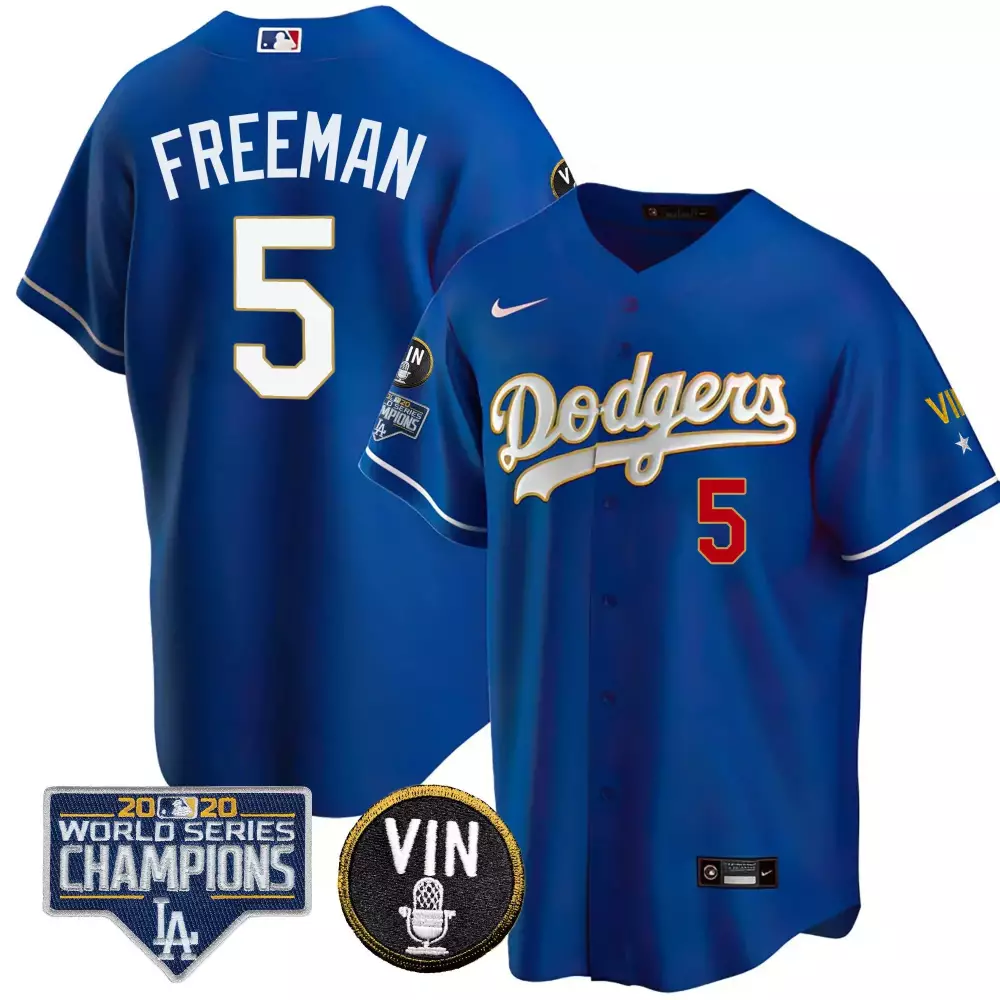Freddie Freeman 5 Dodgers Jersey Royal Blue 2020 World Series Champions Vin Men White