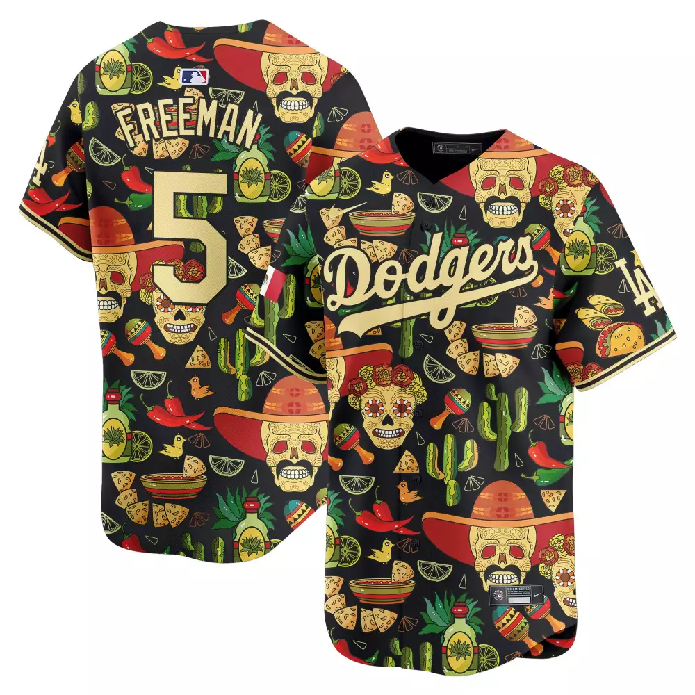 Freddie Freeman 5 Dodgers Jersey Black Cinco De Mayo Men Custom Design Gold Red Green