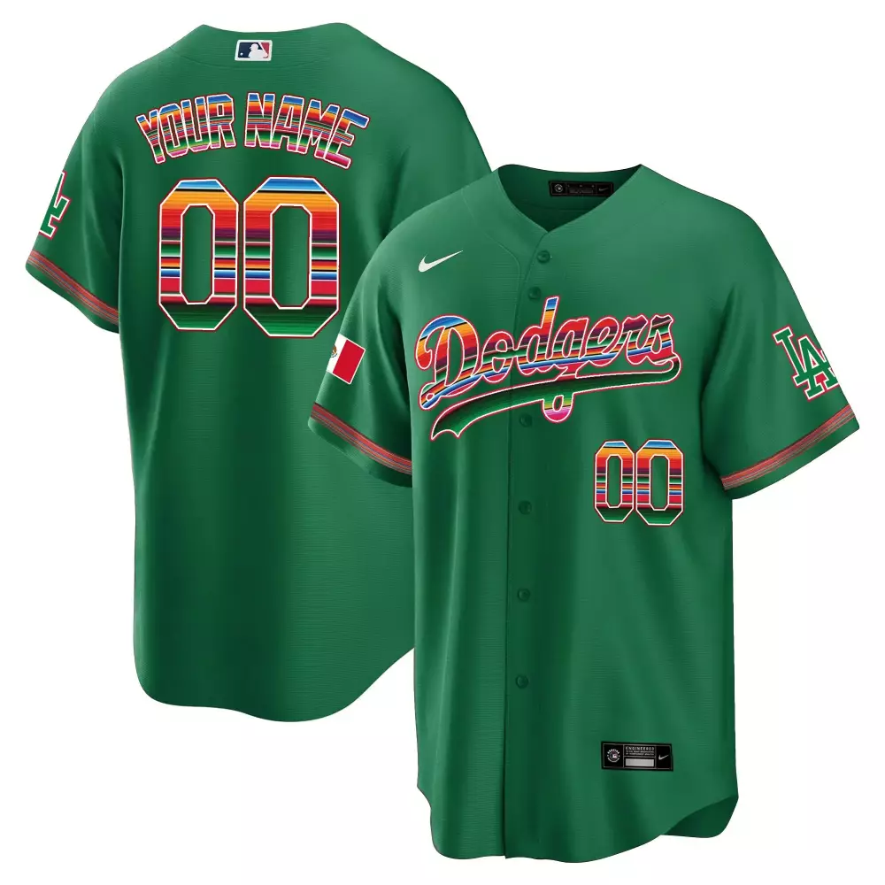 Custom Dodgers Jersey Green Mexico Flag Men Split Design Red White Blue Yellow Pink