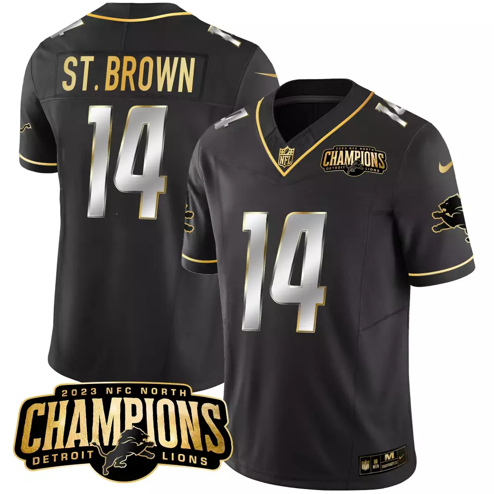Aamaris Brown 14 Detroit Lions Jersey Black 2023 NFC North Champions Men Player Gold