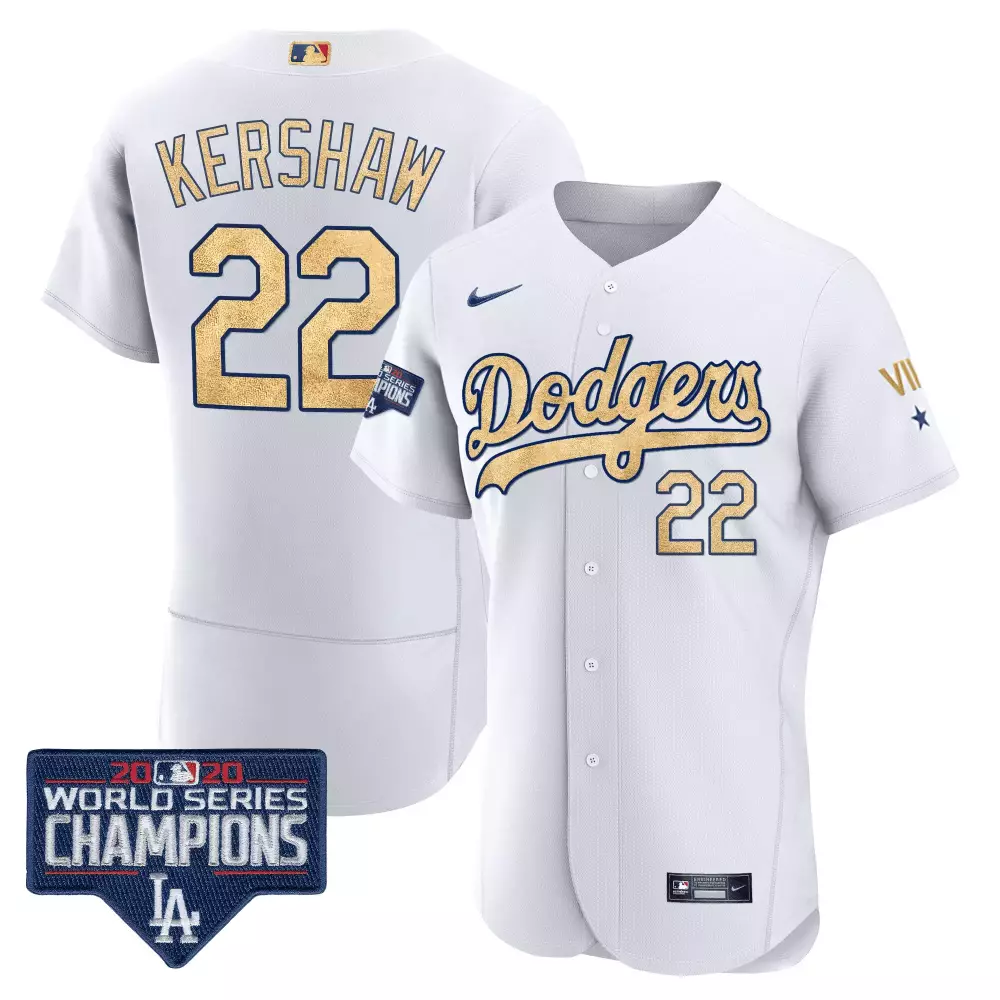Clayton Kershaw 22 Dodgers Jersey White 2020 World Series Champions Men Gold Blue