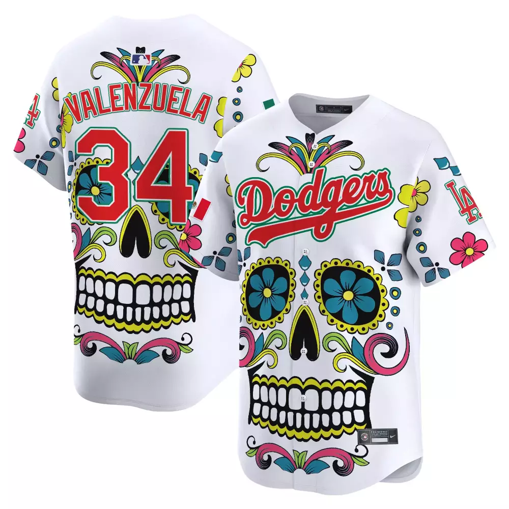 Valenzuela 34 Dodgers Jersey White Day Of The Dead Men Sugar Skull Custom Design