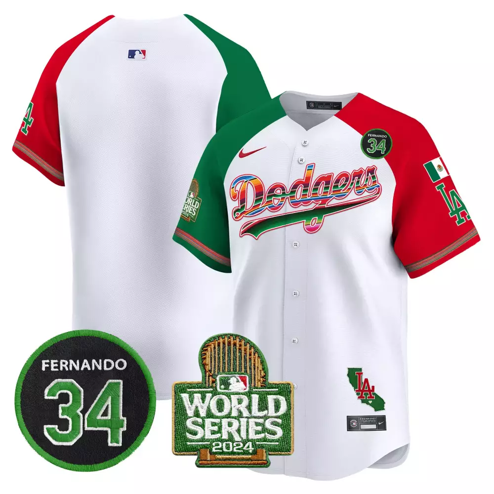 Mexico Fernando 34 Dodgers Jersey White World Series 2024 LA Men Split Design Green