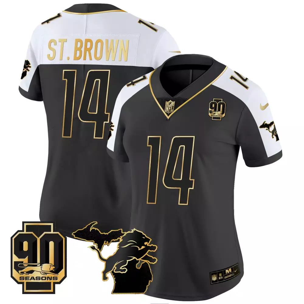 St Year 14 Lions Jersey Black 90th Season 90 Seasons Michigan Outline Lion Men NFL