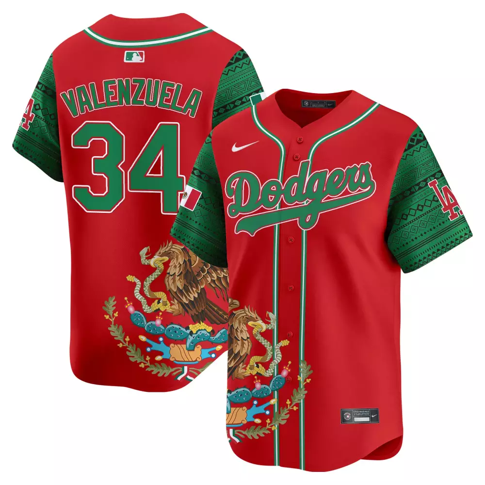 Valenzuela 34 Dodgers Jersey Red Men Custom Design Green Vapor Limited