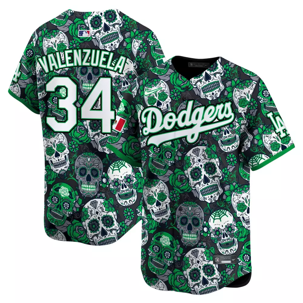 Valenzuela 34 Dodgers Jersey Green Men Sugar Skull Alternate Custom Design White