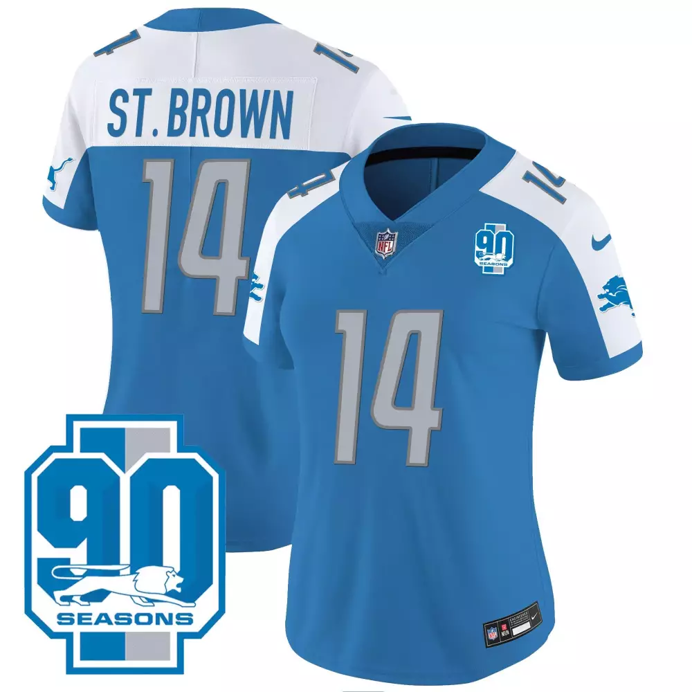St Year 14 Lions Jersey Blue 90th Season 90 Seasons Men Short Sleeve White Silver