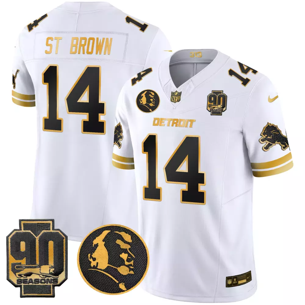 St Brown 14 Lions Jersey White 90th Season 90 Seasons Lion Head Men Player Alternate