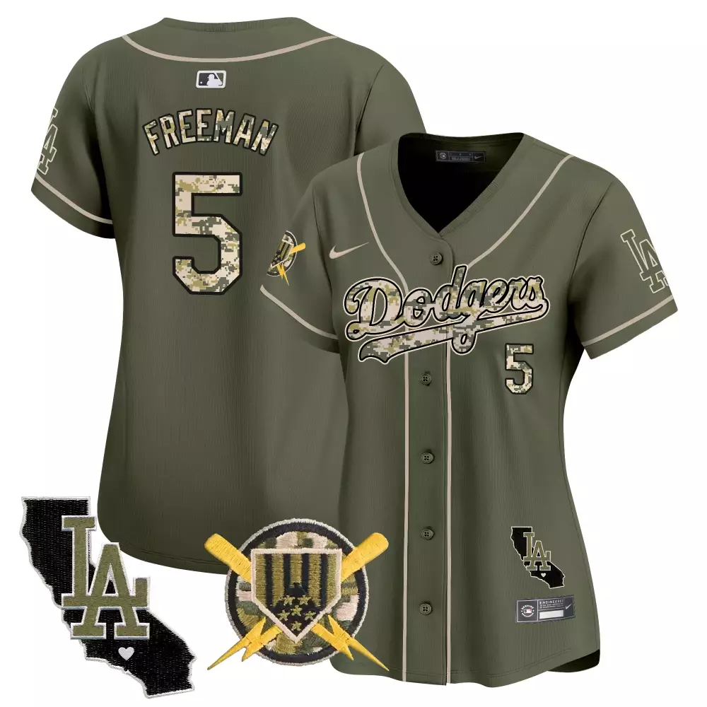Freddie Freeman 5 Dodgers Jersey Olive Green Military Appreciation California Shape LA Lightning Bolt
