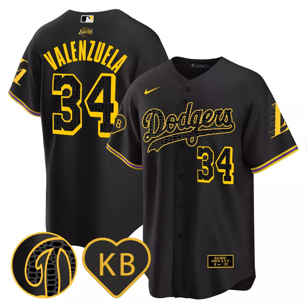Fernando Valenzuela 34 Dodgers Jersey Black Lakers Kobe Bryant 24 Men Yellow Purple