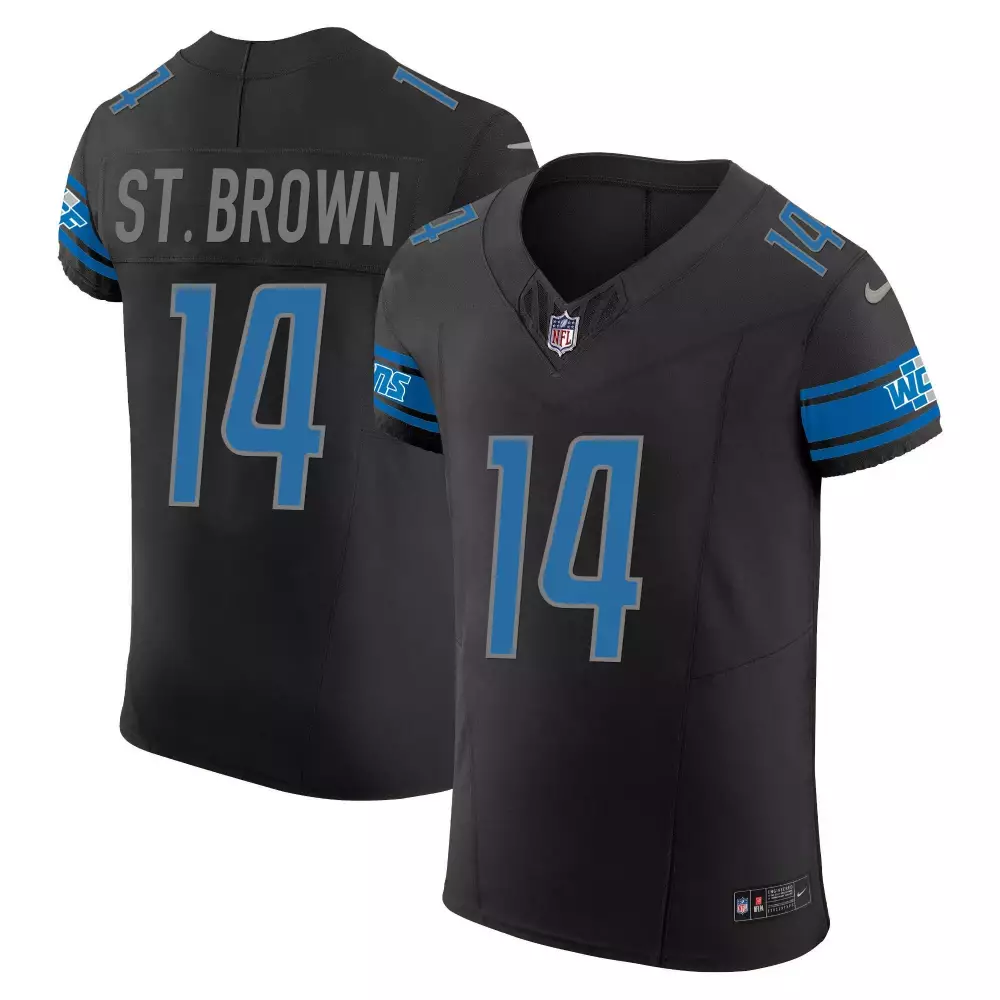 St. Brown 14 Lions Jersey Black Men Official Replica Blue Silver Vapor Elite All