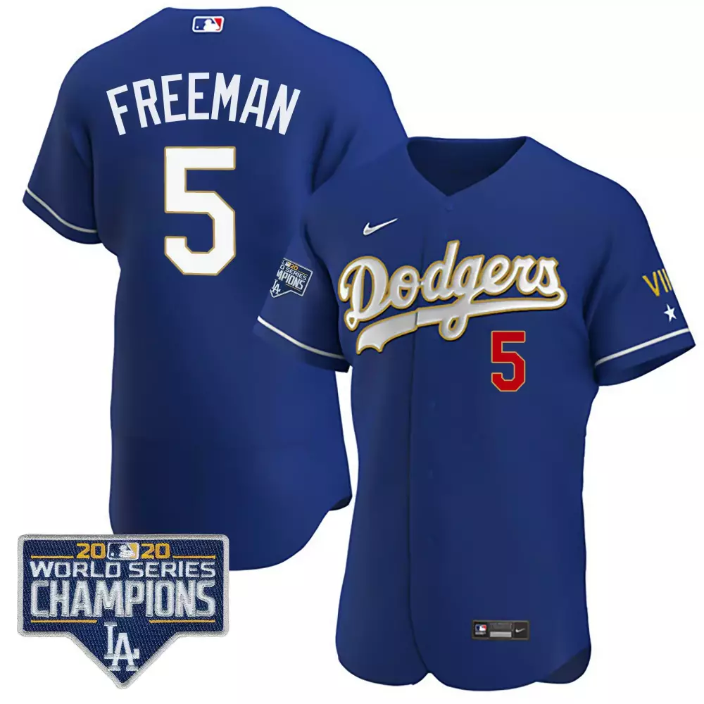 Freddie Freeman 5 Dodgers Jersey Blue 2020 World Series Champions Men White Gold