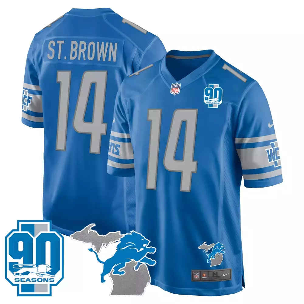St Year 14 Lions Jersey Blue 90th Season 90 Seasons Men Silver White Stitched Game