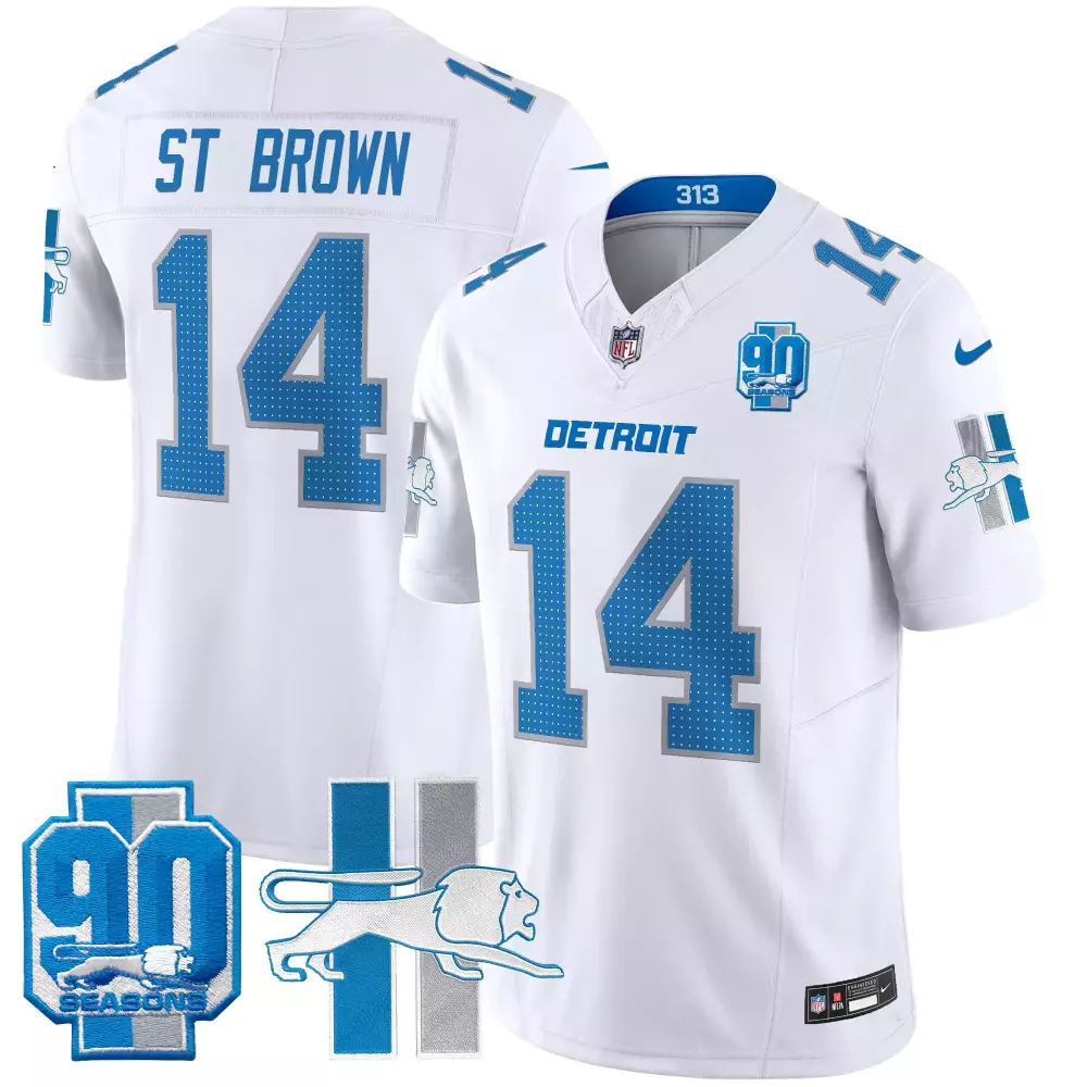 Aamaris Brown 14 Detroit Lions Jersey White 90th Season 90 Seasons Blue Silver Stripes