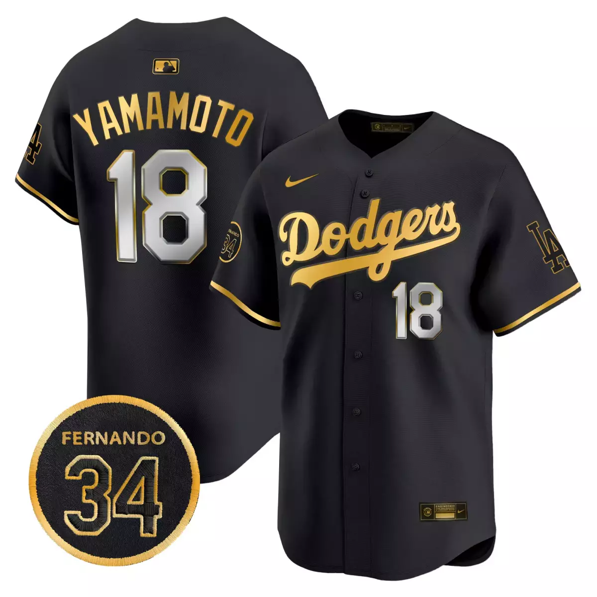 Yamamoto Fernando 18 Dodgers Jersey Black LA Men Gold Silver Vapor Premier Limited