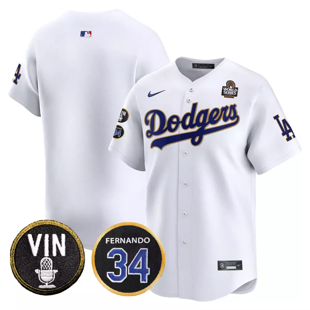 Fernando 34 Dodgers Jersey White World Series 2023 Vin Scully Men Blue Gold Vapor