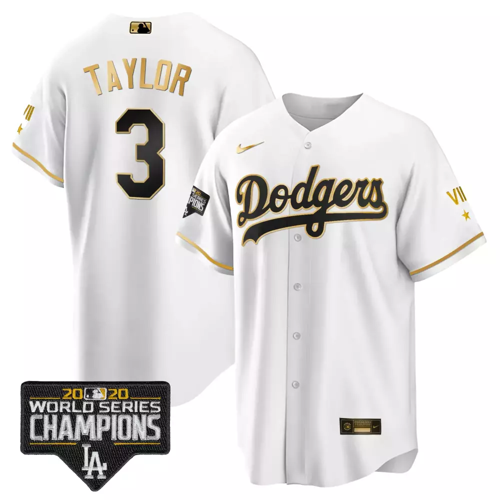 Chris Taylor 3 Dodgers Jersey White 2020 World Series Champions Men Black Gold All