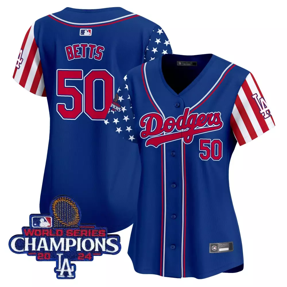 Mookie Betts 50 Dodgers Jersey Royal Blue World Series Champions 2024 LA Men Split Design