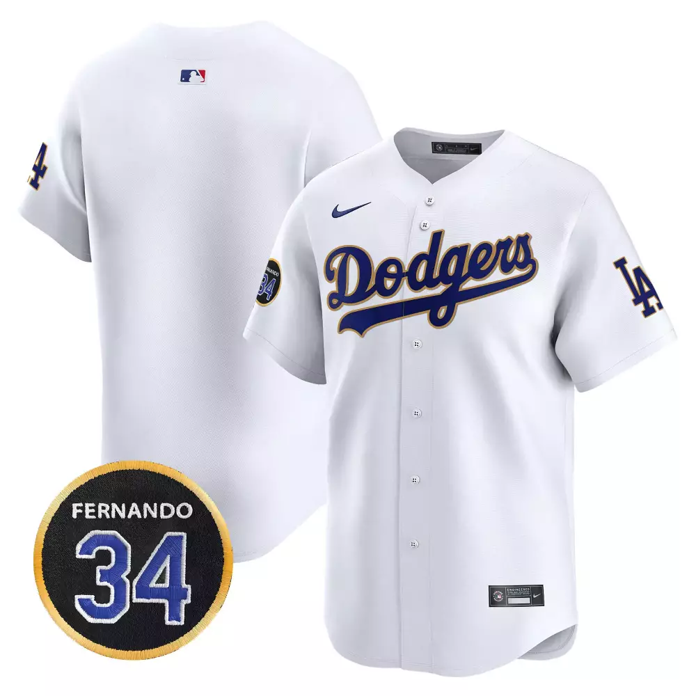Fernando Valenzuela 34 Dodgers Jersey White LA Men Blue Gold Vapor Premier Limited