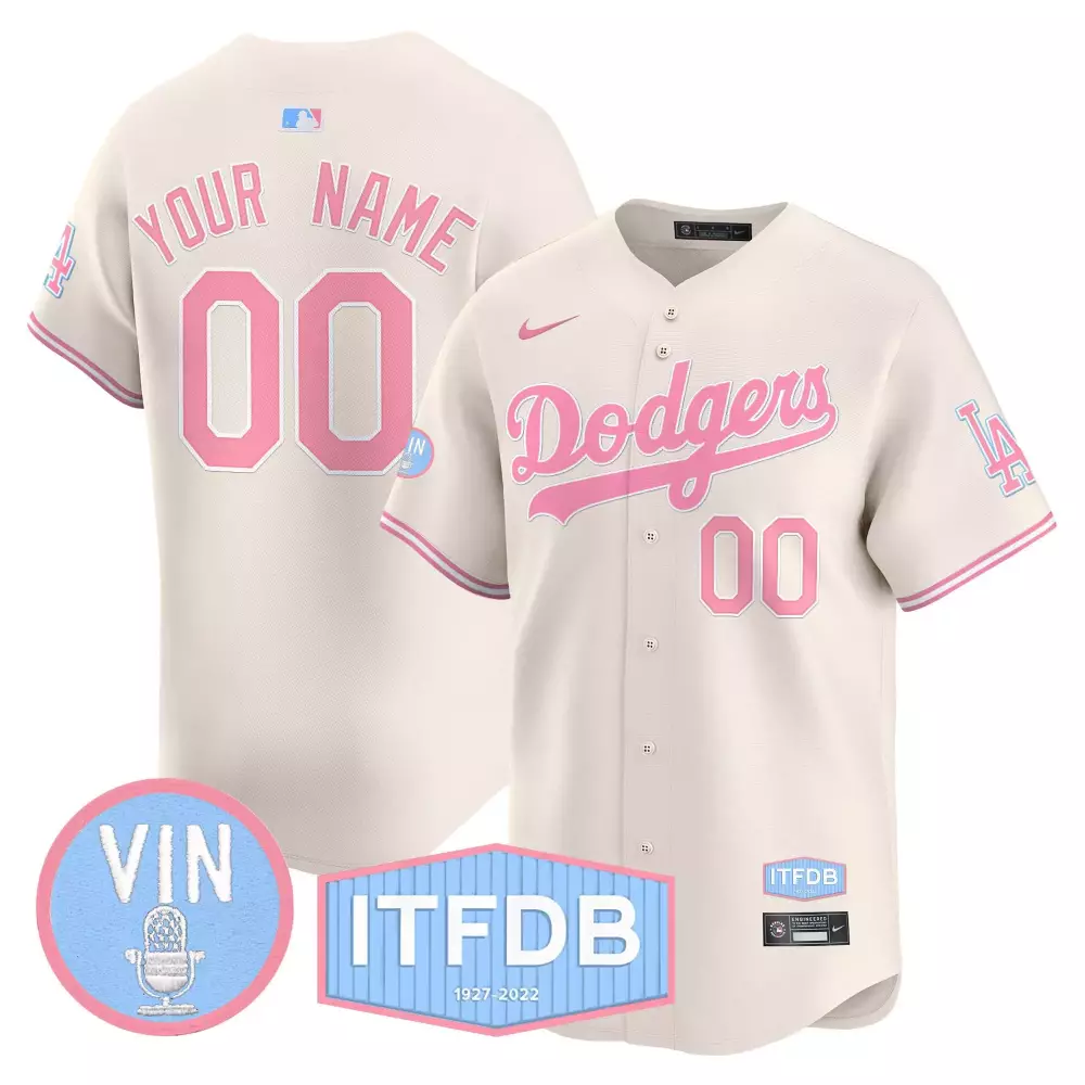 Custom Dodgers Jersey Cream Itfdb 2022 1927-2022 Vin Pink Light Blue Vapor Premier