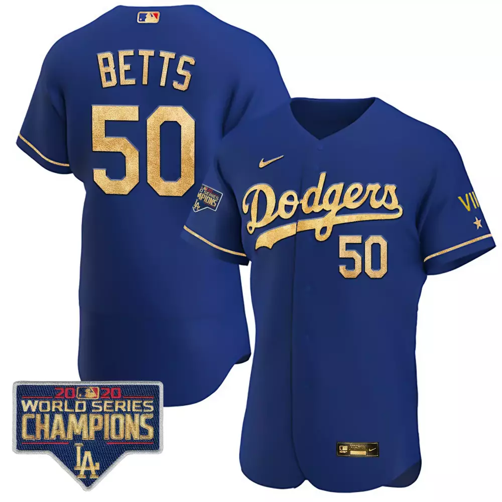Mookie Betts 50 Dodgers Jersey Royal Blue 2020 World Series Champions Men Gold White