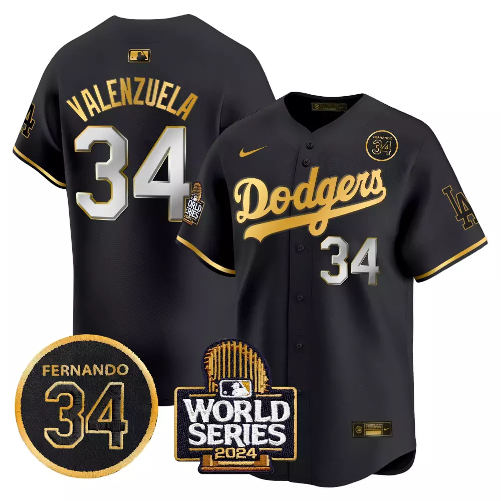 Fernando Valenzuela 34 Dodgers Jersey Black World Series 2024 Men Gold White Vapor