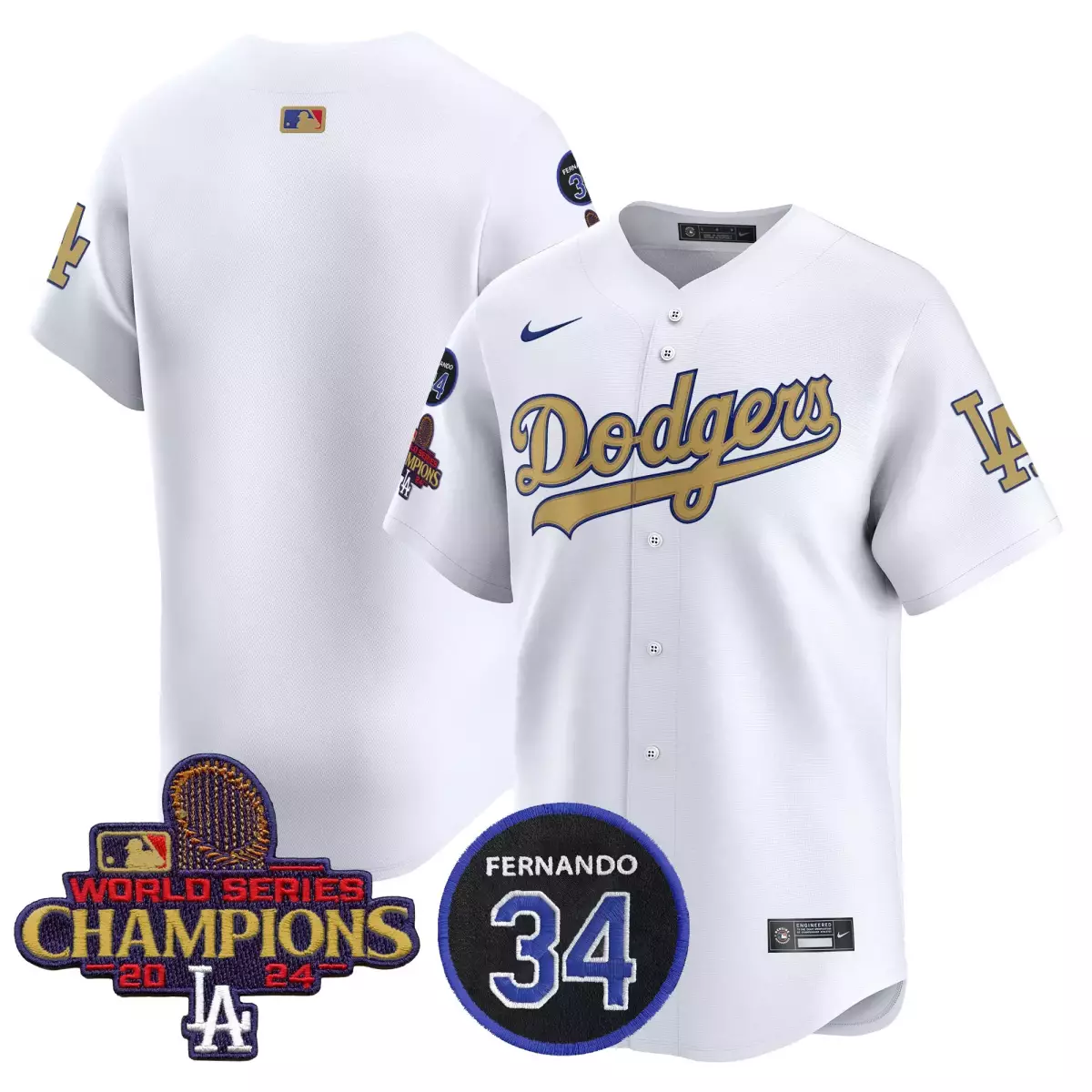 Fernando 34 Dodgers Jersey White World Series Champions 2024 LA Men Gold Blue Vapor