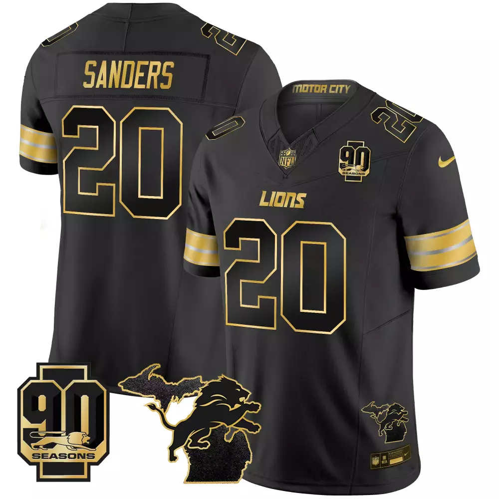 Barry Sanders 20 Lions Jersey Black 90th Season 90 Seasons Men Gold Stitched Vapor