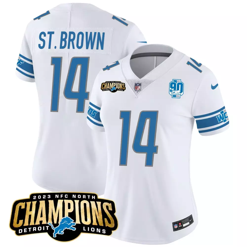 Aamaris Brown 14 Detroit Lions Jersey White 2023 NFC North Champions 90 Seasons Women