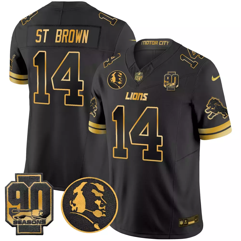 St Brown 14 Lions Jersey Black Motor City 90 Seasons 2023 Men NFL Gold Vapor Limited
