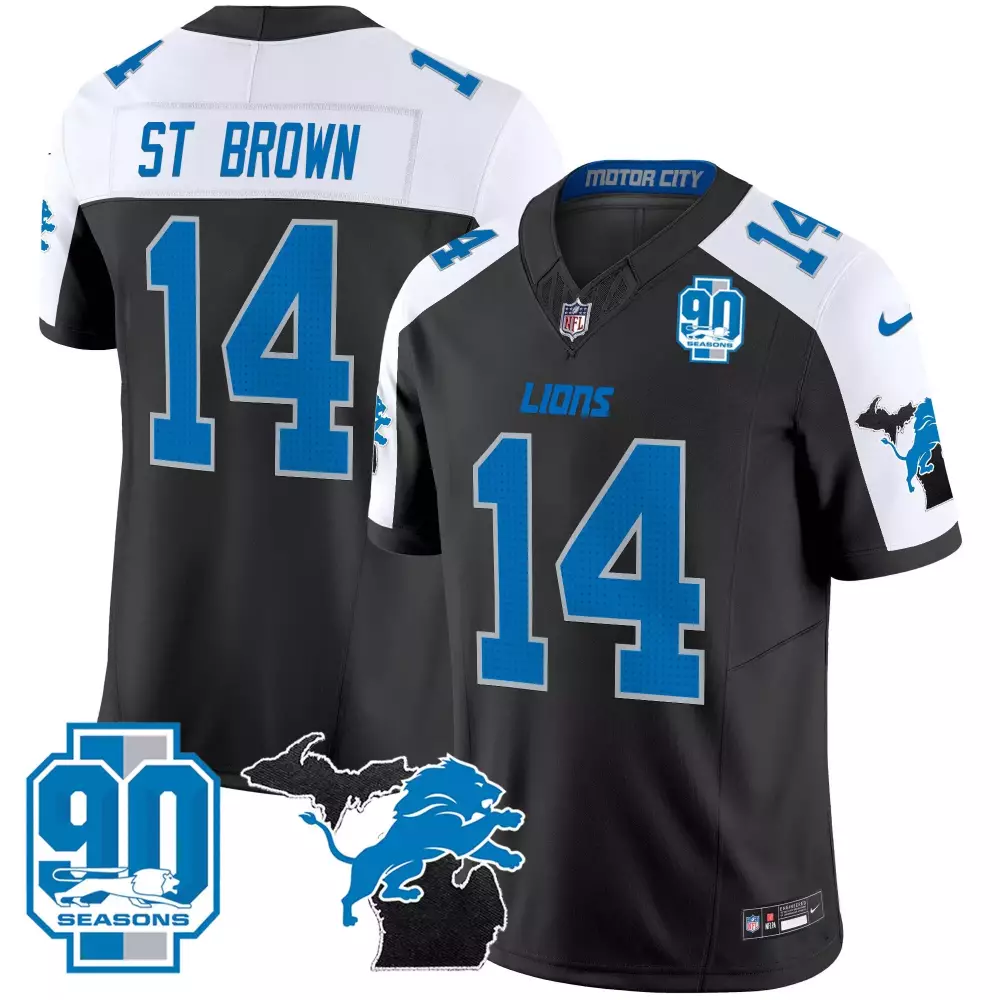 St Year 14 Lions Jersey Black 90th Season 90 Seasons Men Standard Blue White Alternate