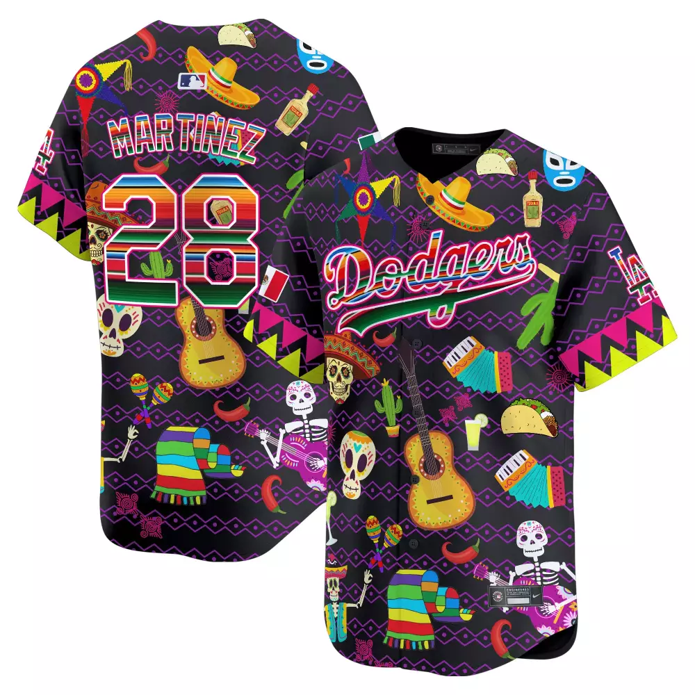 Martinez 28 Dodgers Jersey Black Cinco De Mayo Short Sleeve Button Up Alternate Custom Design